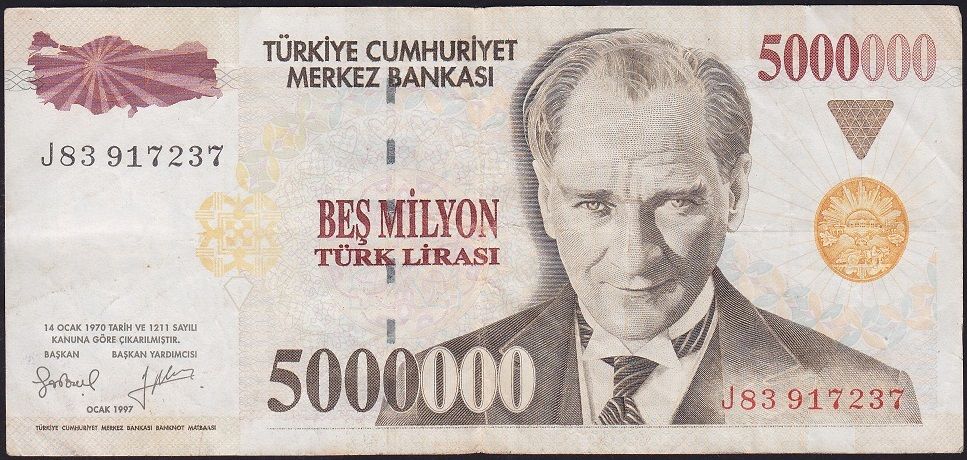 7.Emisyon 5 000 000 Lira J83 917237 Çok Temiz+