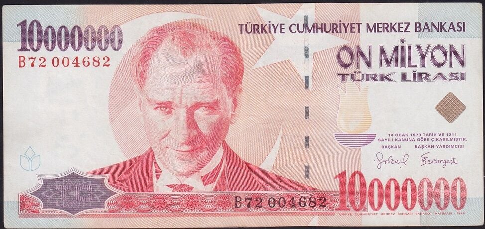7.Emisyon 10000000 Lira B72 004682 Çok Temiz+
