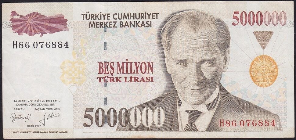 7.Emisyon 5.000.000 Lira H86 076884 Çok Temiz+
