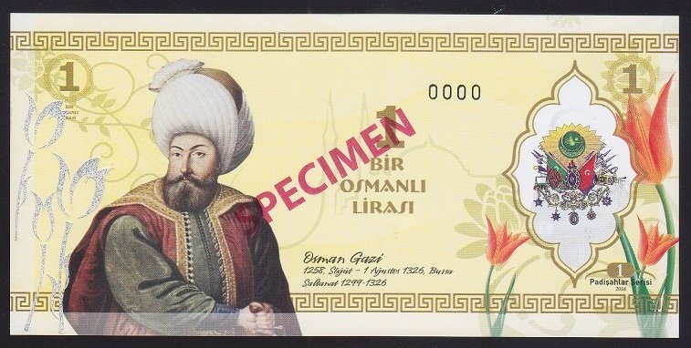 ÖZEL BASKI 1 OSMANLI LİRASI - OSMAN GAZİ - HOLOGRAMLI - EMNİYET ŞERİTLİ - SPECİMEN