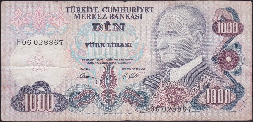 6.EMİSYON 3.TERTİP 1000 LİRA F06 028867 TEMİZ eski kağıt para fiyatları