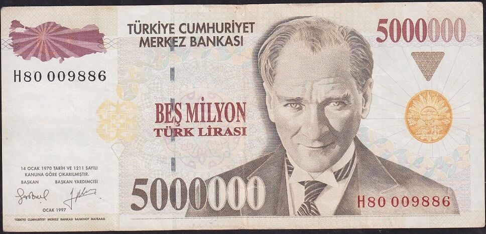 7.Emisyon 5.000.000 Lira H80 009886 Çok Temiz+