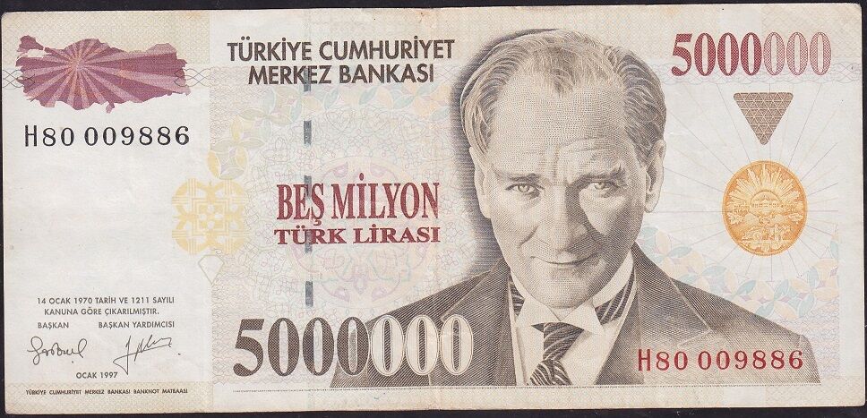 7.Emisyon 5000000 Lira H80 009886 Çok Temiz+