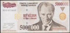 7.Emisyon 5000000 Lira H55 077607 Çok Çok Temiz+