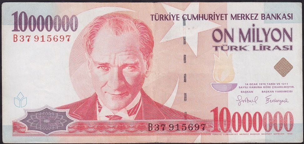 7.Emisyon 10000000 Lira B37 915697 Çok Temiz+