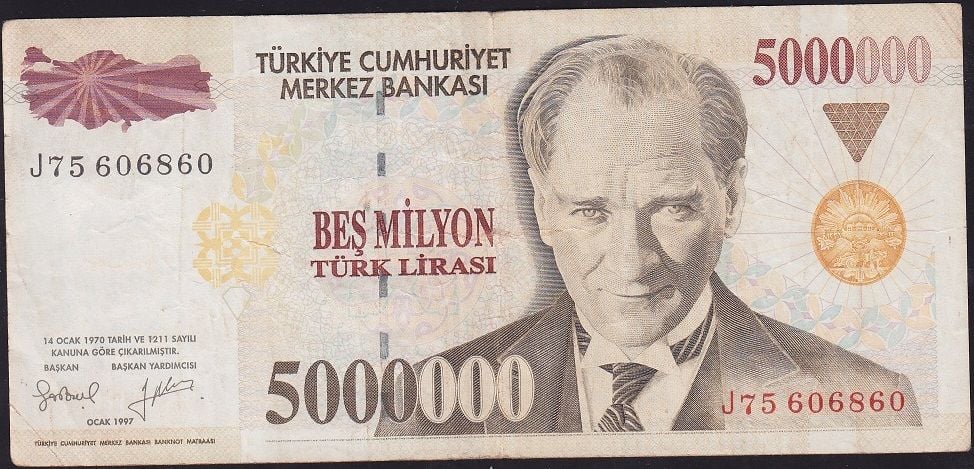 7.Emisyon 5 000 000 Lira J75 606860 Çok Temiz