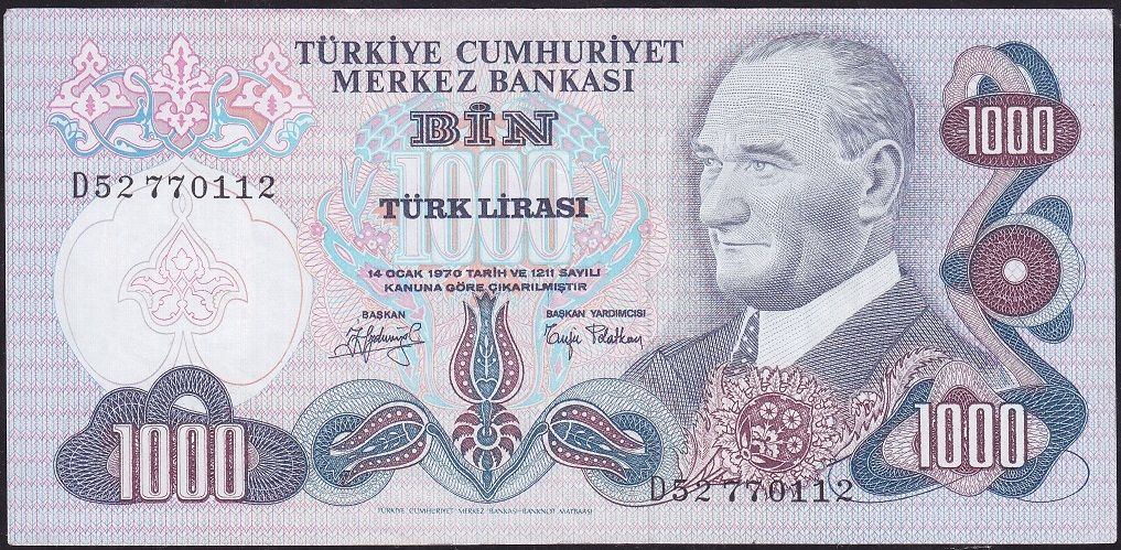 6.Emisyon 2.Tertip 1000 Lira D52 770112 Çok Temiz+