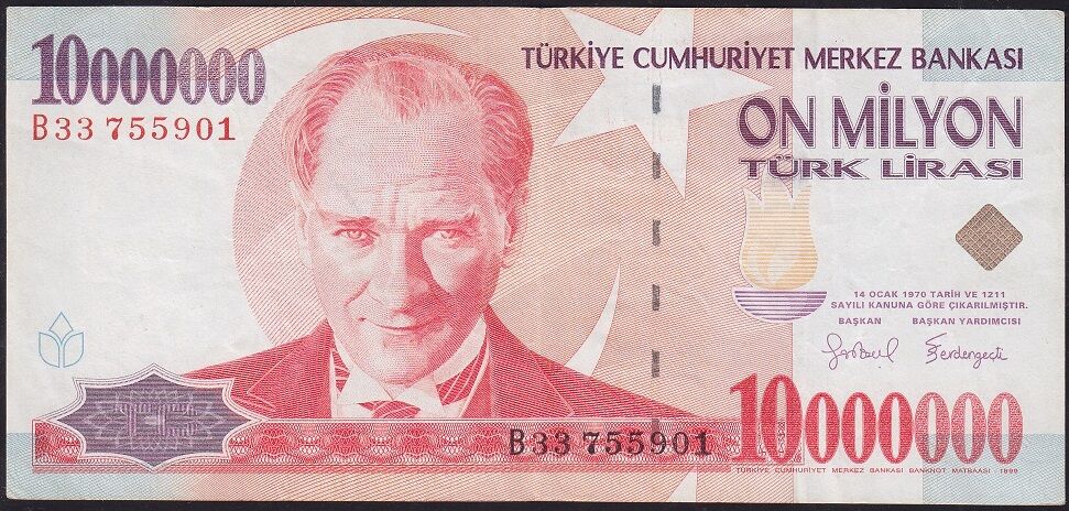 7.Emisyon 10000000 Lira B33 755901 Çok Temiz+