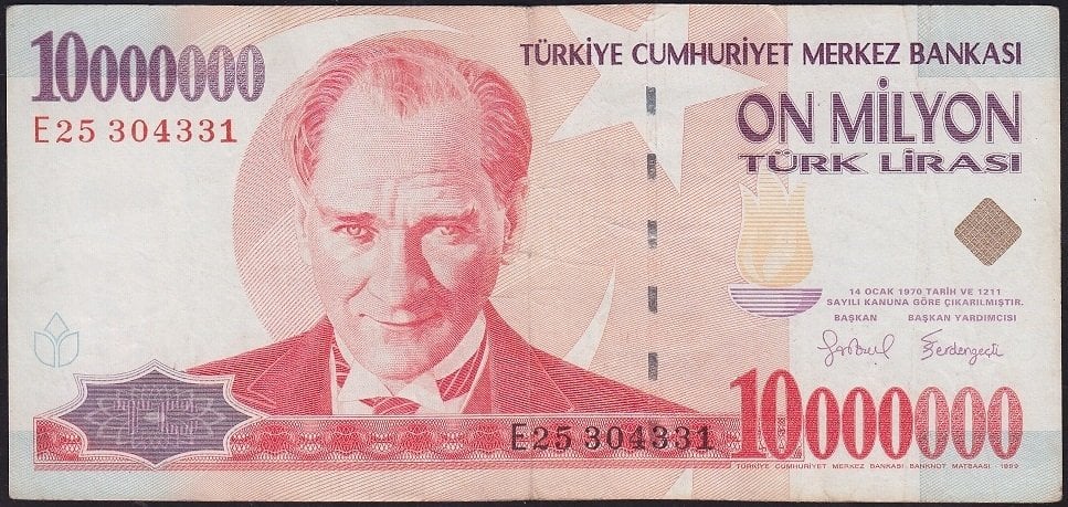 7.Emisyon 10 000 000 Lira E25 304331 Çok Temiz+