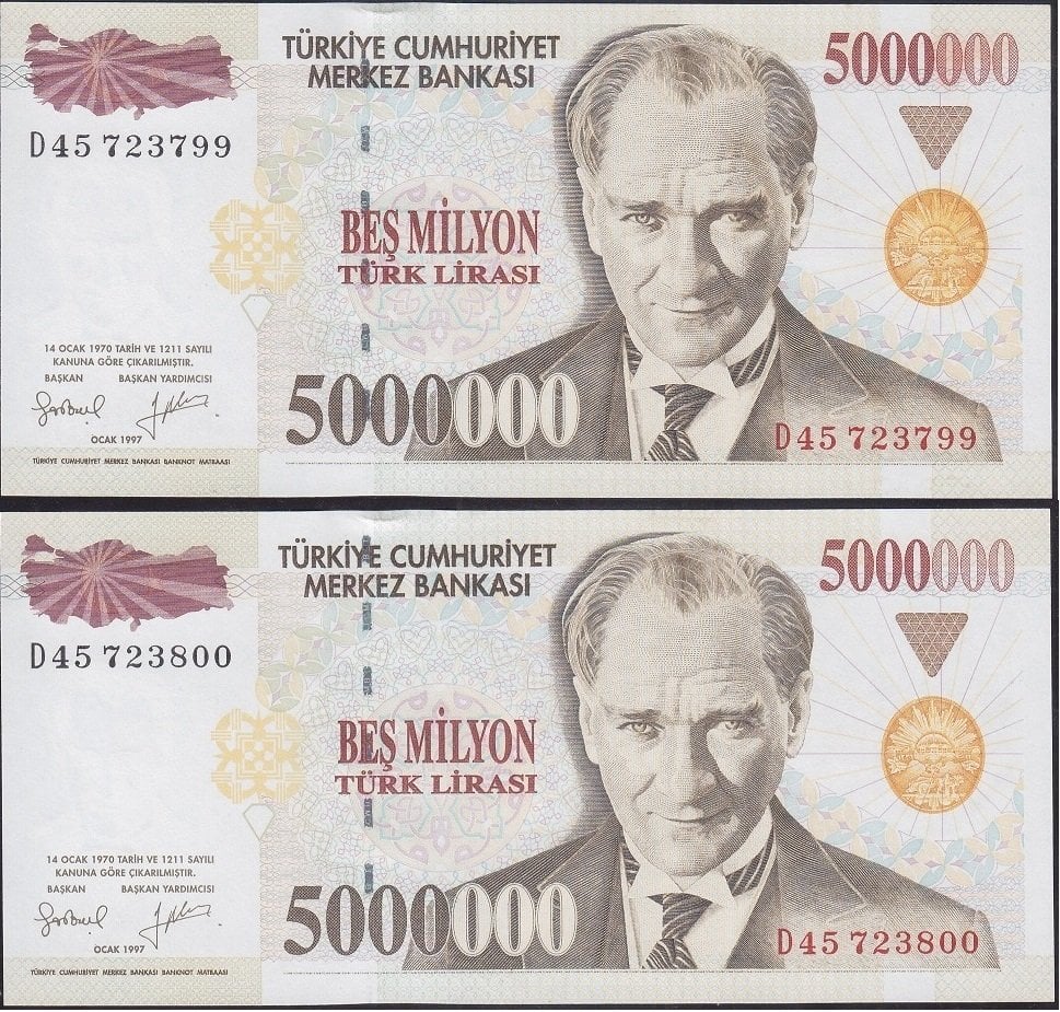 7.EMİSYON 5 000 000 LİRA D45 723799 - 800 SERİ TAKİPLİ 2 ADET ÇİL