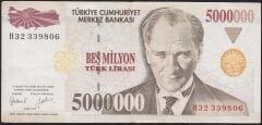 7.Emisyon 5000000 Lira H32 339806 Çok Temiz+