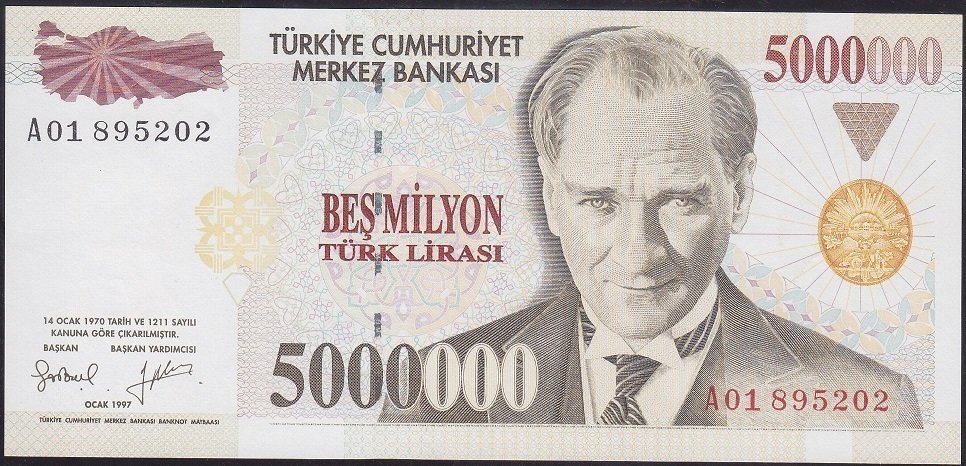 7.EMİSYON 5 000 000 LİRA A01 895202 ÇİLALTI ÇİL ( BALYA İZİ VAR )