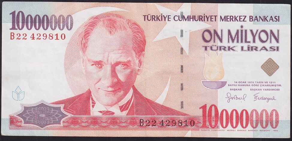 7.Emisyon 10000000 Lira B22 429810 Çok Temiz+