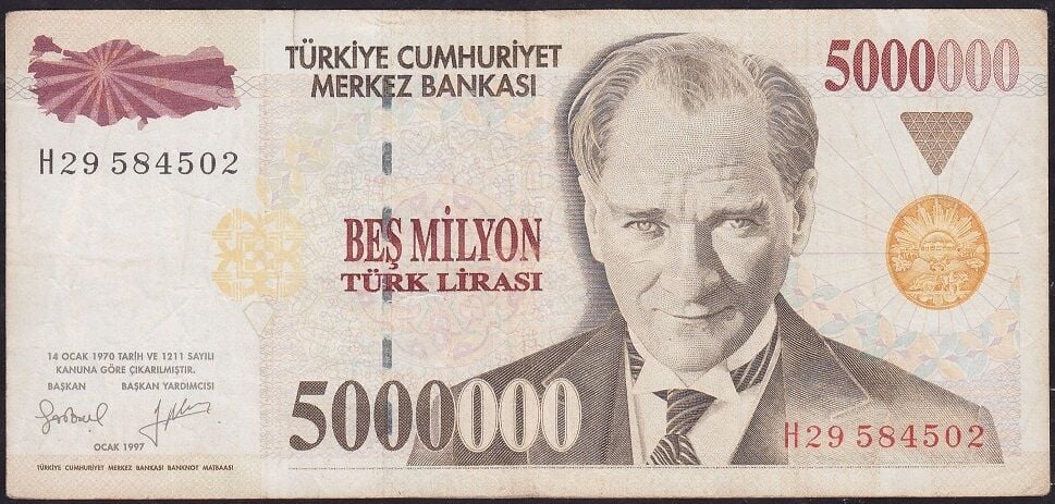 7.Emisyon 5.000.000 Lira H29 584502 Çok Temiz