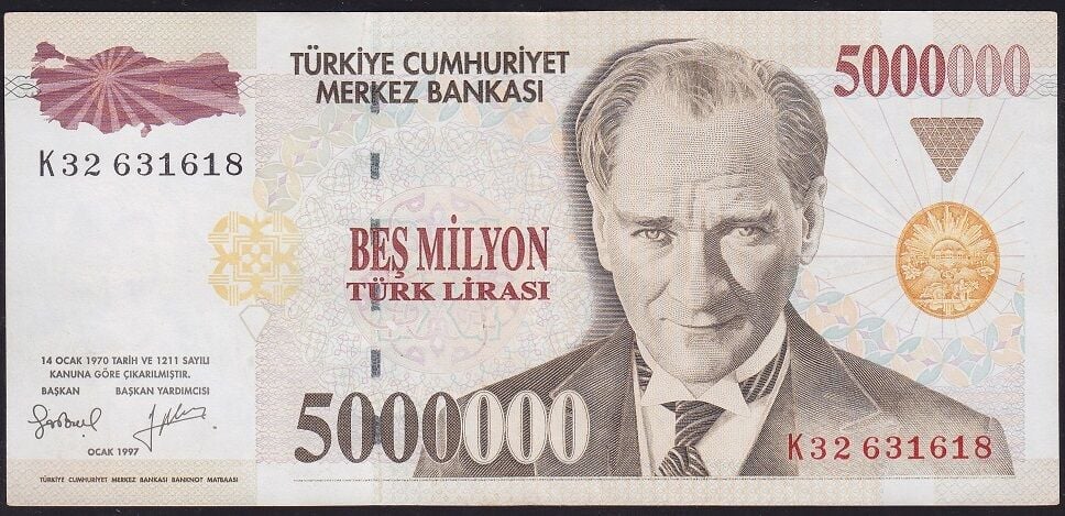 7.Emisyon 5000000 Lira K32 631618 Çok Temiz+