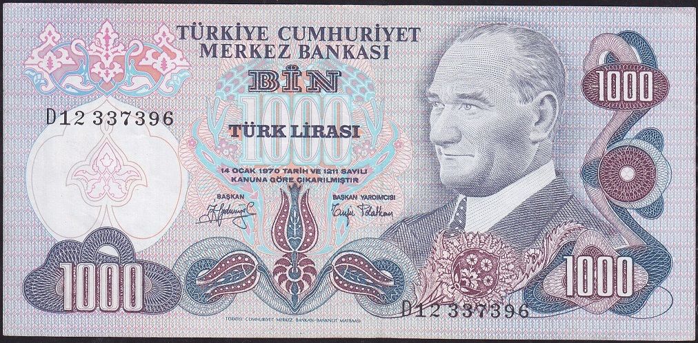 6.Emisyon 2.Tertip 1000 Lira D12 337396 Çok Temiz+