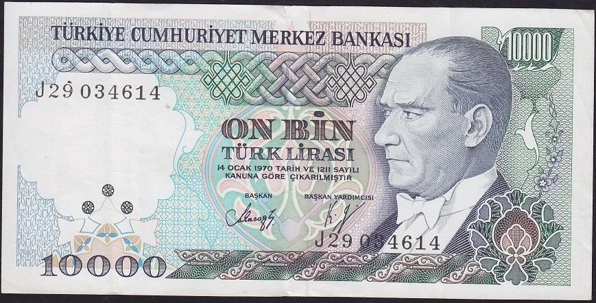 7.Emisyon 4.Tertip 10000 Lira J29 034614 Çok Temiz+