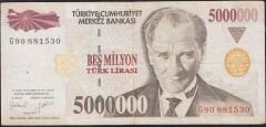 7.Emisyon 5000000 Lira G90 881530 Çok Temiz+