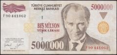 7.Emisyon 5 000 000 Lira F90 441062 Çok Temiz+