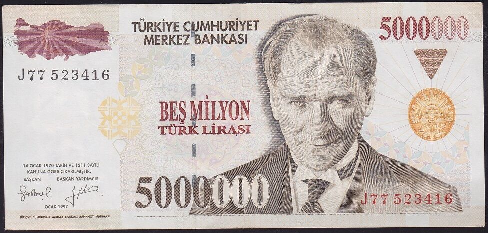 7.Emisyon 5000000 Lira J77 523416 Çok Çok Temiz+