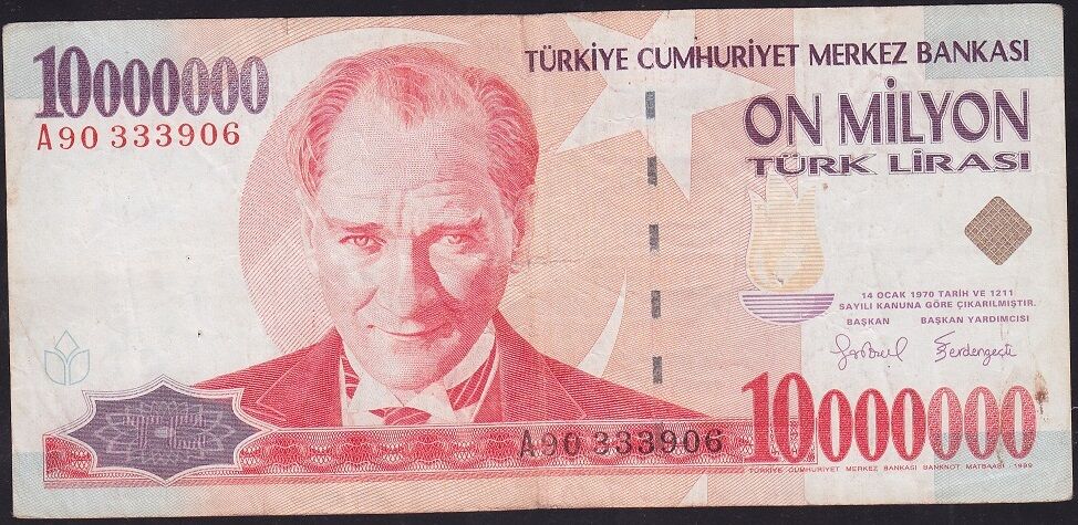 7.Emisyon 10000000 Lira A90 333906 Çok Temiz