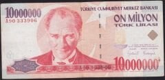 7.Emisyon 10000000 Lira A90 333906 Çok Temiz