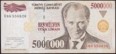 7.Emisyon 5000000 Lira G89 556826 Çok Temiz+