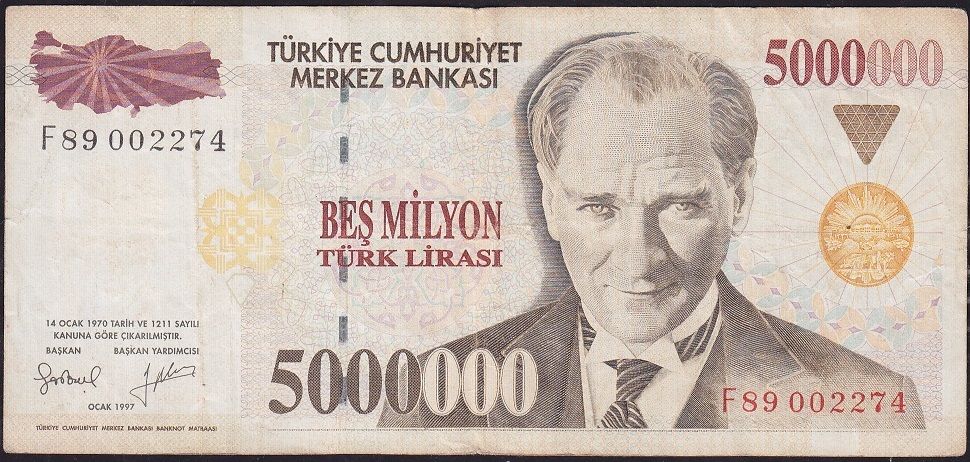 7.Emisyon 5 000 000 Lira F89 002274 Çok Temiz