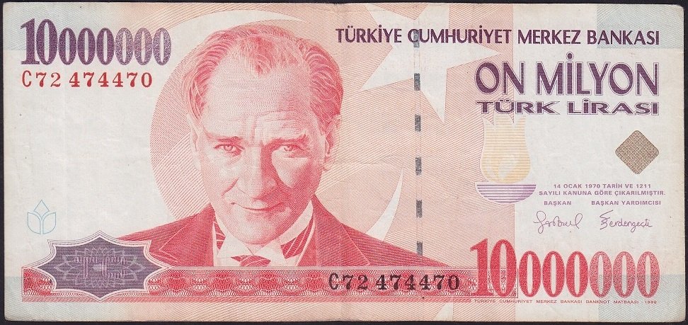 7.Emisyon 10 000 000 Lira C72 474470 Çok Temiz