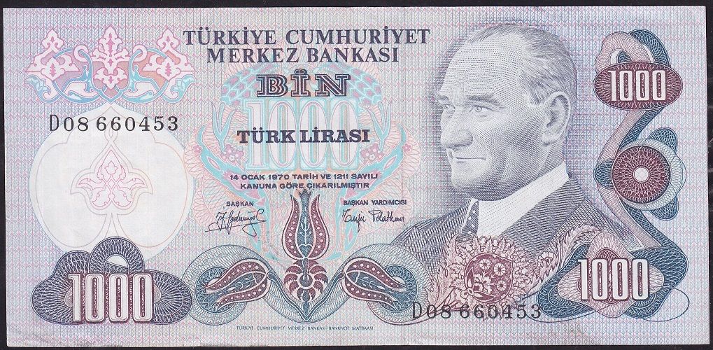 6.Emisyon 2.Tertip 1000 Lira D08 660453 Çok Temiz+