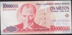 7.Emisyon 10000000 Lira A82 658997 Çok Temiz+