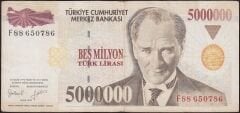 7.Emisyon 5 000 000 Lira F88 650786 Çok Temiz
