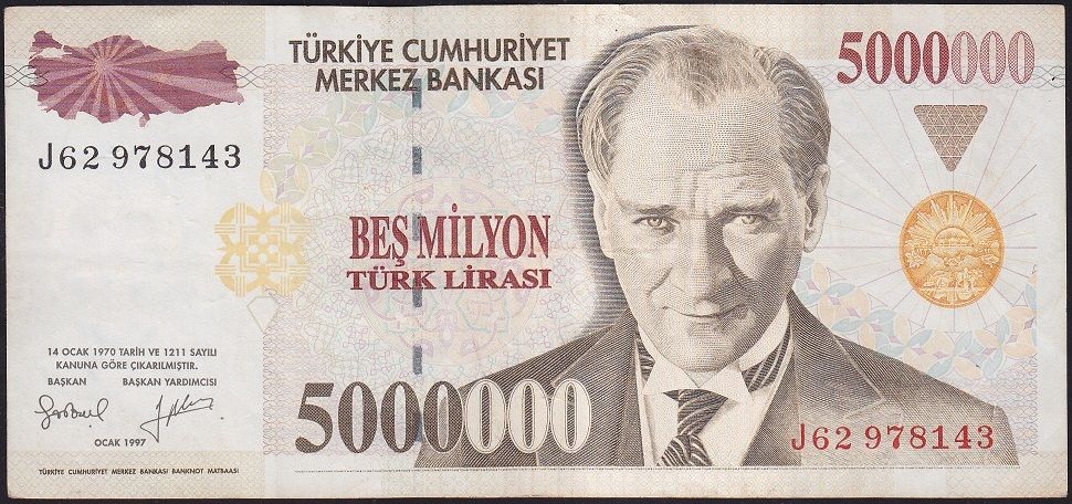 7.Emisyon 5 000 000 Lira J62 978143 Çok Temiz+