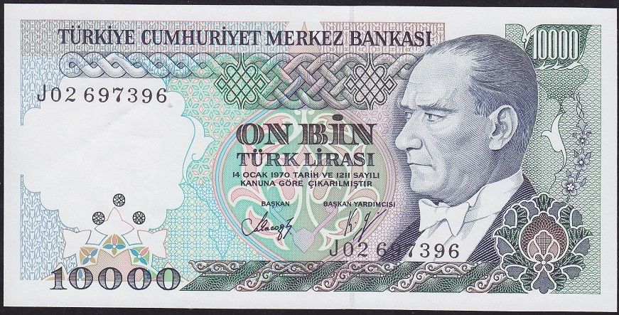 7.Emisyon 4.Tertip 10000 Lira J02 697396 Çilaltı