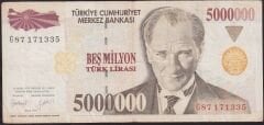 7.Emisyon 5000000 Lira G87 171335 Çok Temiz+