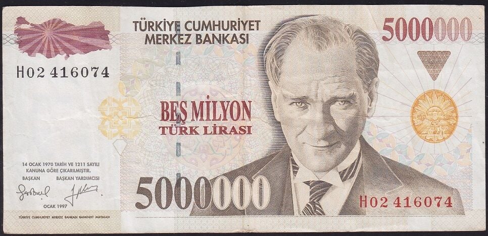 7.Emisyon 5000000 Lira H02 416074 Çok Temiz