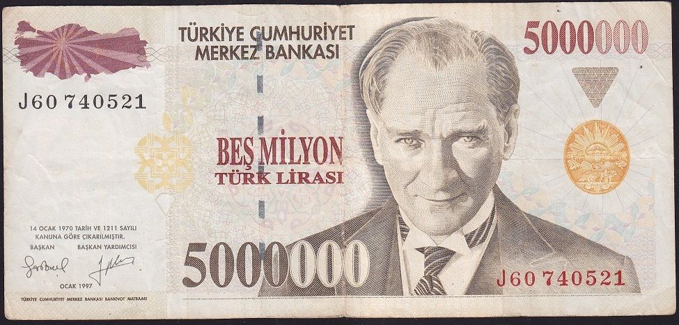 7.Emisyon 5 000 000 Lira J60 740521 Çok Temiz+