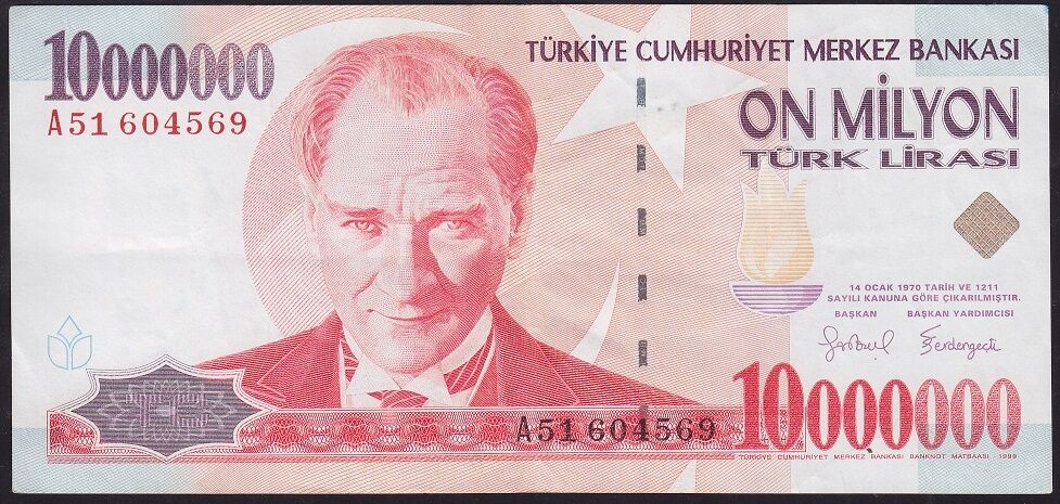 7.Emisyon 10000000 Lira A51 604569 Çok Temiz+