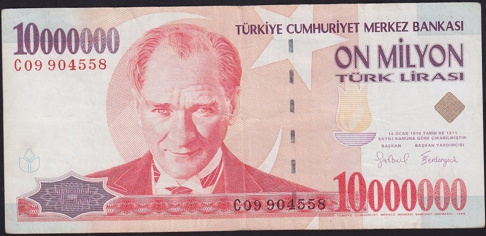 7.Emisyon 10 000 000 Lira C09 904558 Çok Temiz+