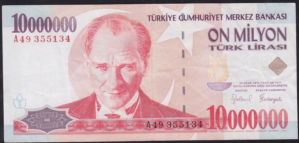 7.Emisyon 10000000 Lira A49 355134 Çok Temiz+