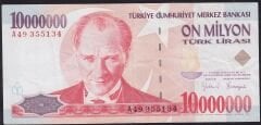 7.Emisyon 10000000 Lira A49 355134 Çok Temiz+