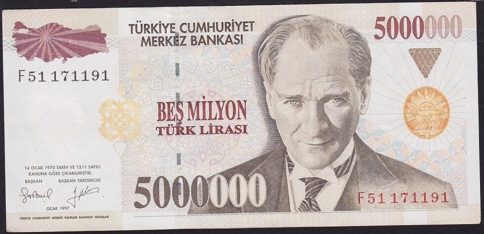 7.Emisyon 5000000 Lira F51 171191 Çok Çok Temiz