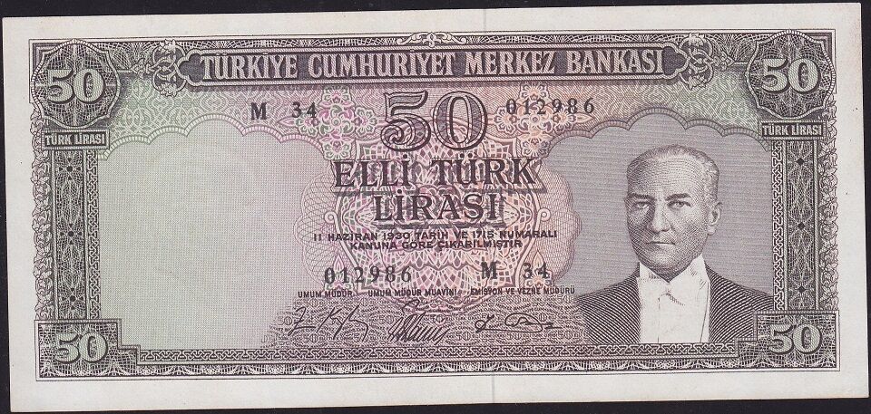 5.Emisyon 6.Tertip 50 Lira M34 012986 Ççt Çilaltı