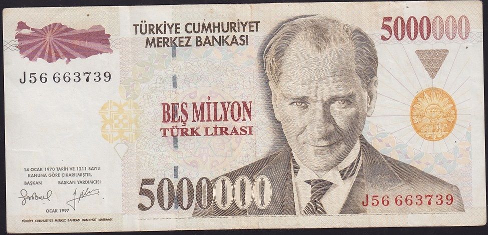 7.Emisyon 5 000 000 Lira J56 663739 Çok Temiz+