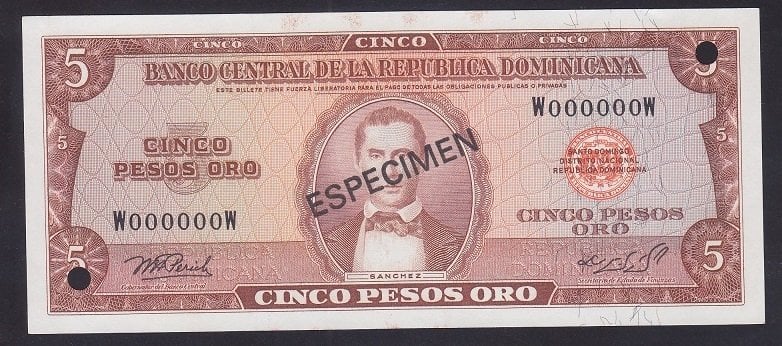 Dominik Cumhuriyeti 5 Pesos Oro 1976 Çil Specimen Pick109s
