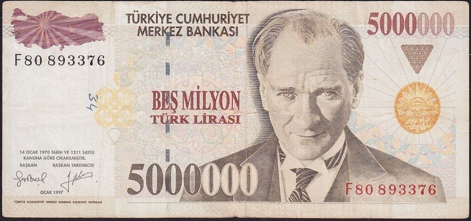 7.Emisyon 5 000 000 Lira F80 893376 Çok Temiz