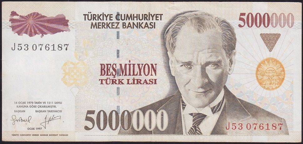7.Emisyon 5 000 000 Lira J53 076187 Çok Temiz+