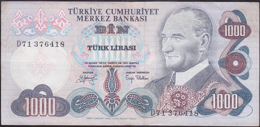 6.EMİSYON 2.TERTİP 1000 LİRA D71 376418 ÇOK TEMİZ +