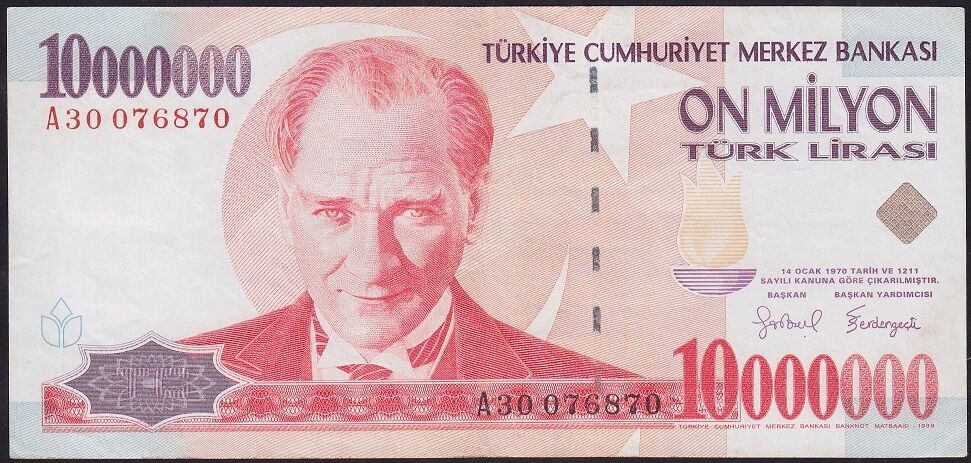 7.Emisyon 10.000.000 Lira A30 076870 Çok Temiz+