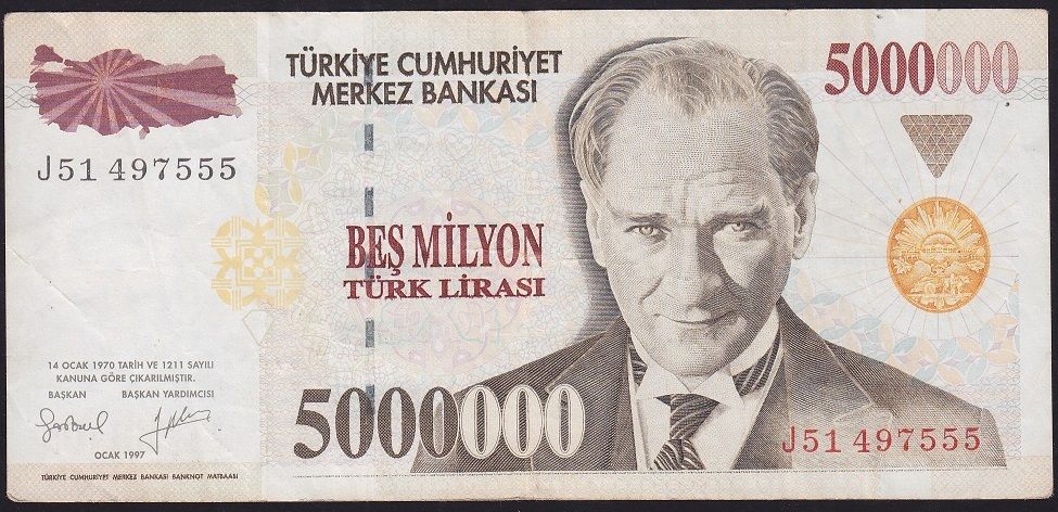7.Emisyon 5 000 000 Lira J51 497555 Çok Temiz+